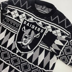 LAS VEGAS RAIDERS SWEATER MENS LARGE BLACK WHITE ARGYLE NFL UGLY CHRISTMAS KNIT
